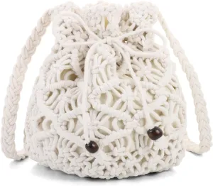 Ovida Crochet Mini Bucket Bag - Summer Woven Beach Shoulder Bag with Drawstring Closure