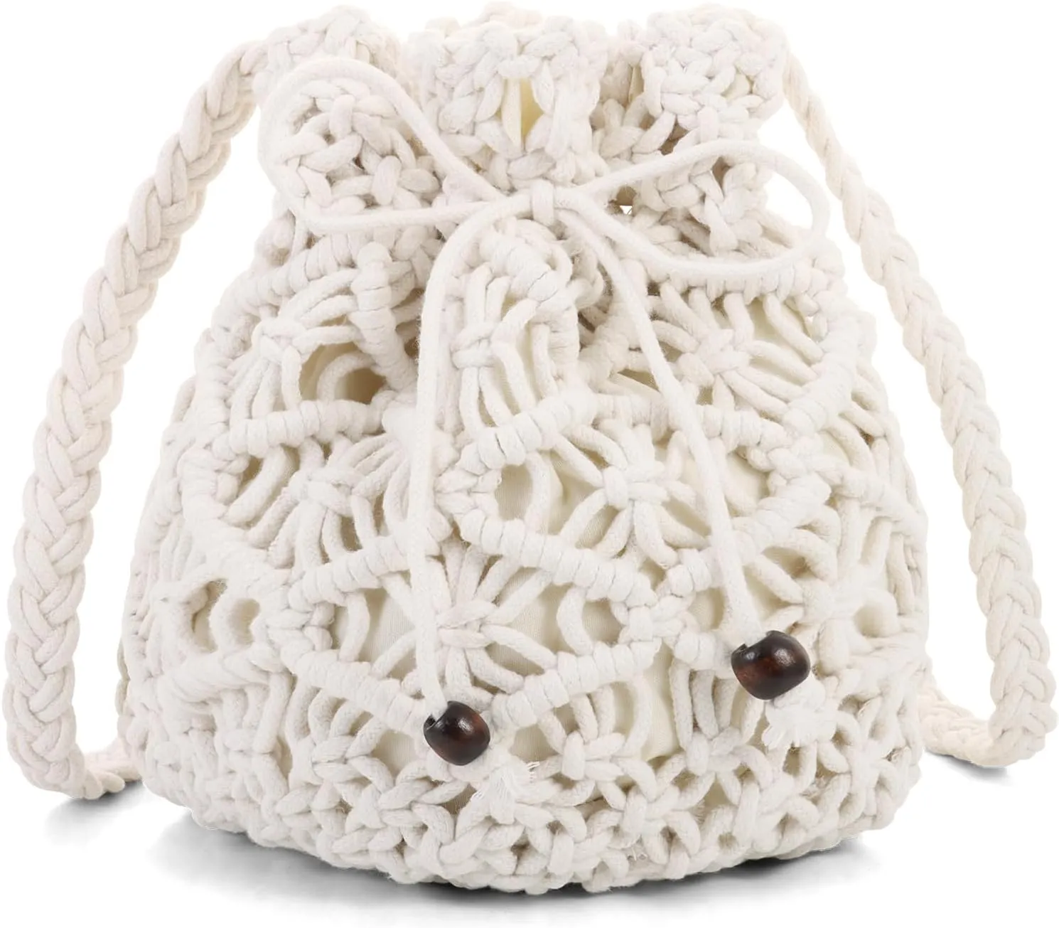 Ovida Crochet Mini Bucket Bag - Summer Woven Beach Shoulder Bag with Drawstring Closure