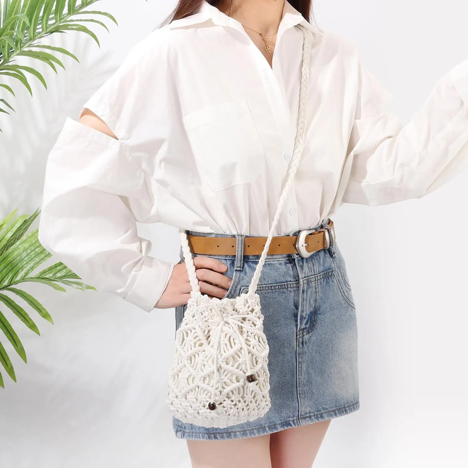 Ovida Crochet Mini Bucket Bag - Summer Woven Beach Shoulder Bag with Drawstring Closure