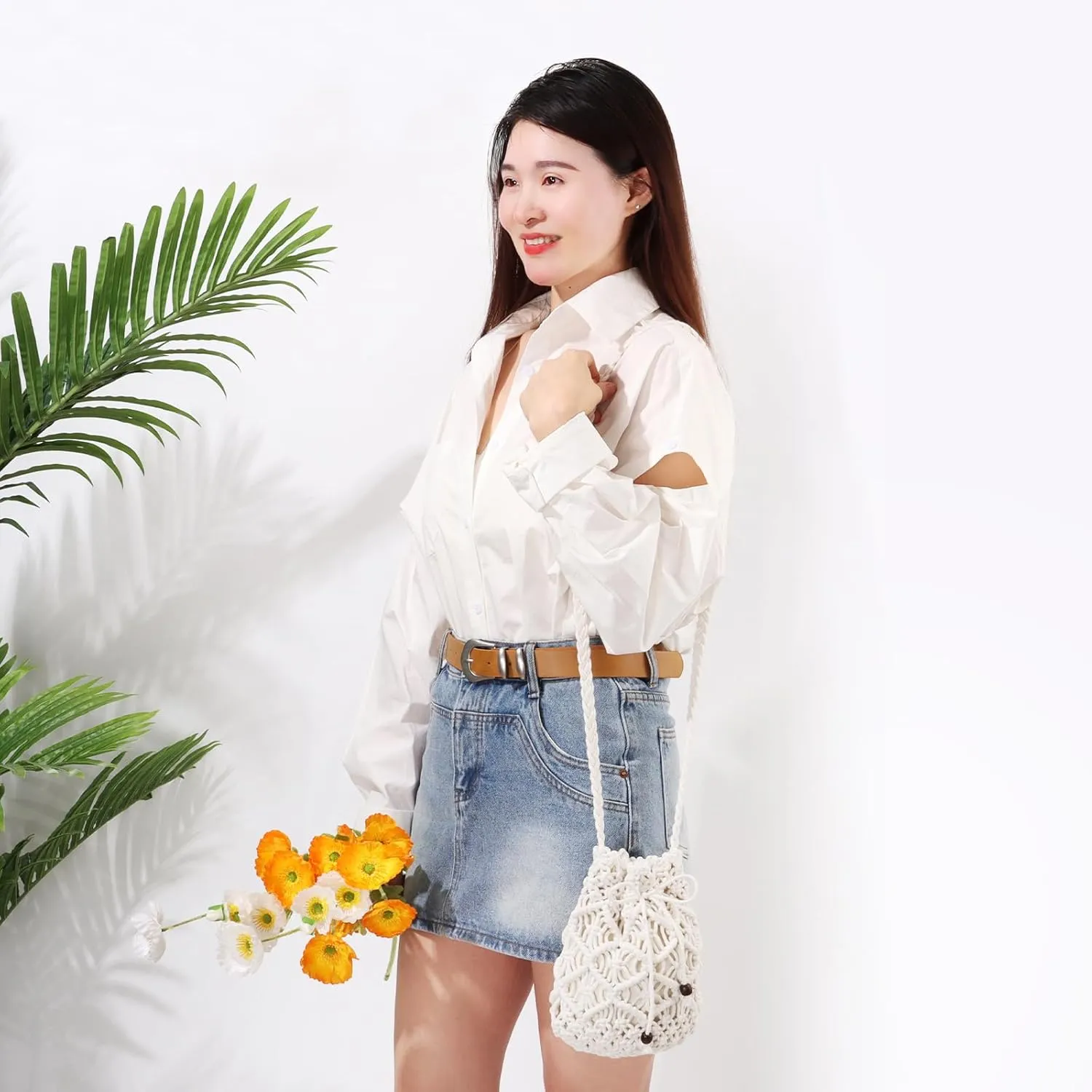 Ovida Crochet Mini Bucket Bag - Summer Woven Beach Shoulder Bag with Drawstring Closure