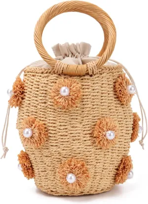 Oweisong Pearl Straw Tote Bag for Women Floral Summer Beach Handbag Summer Handmade Woven Rattan Hobo Purse