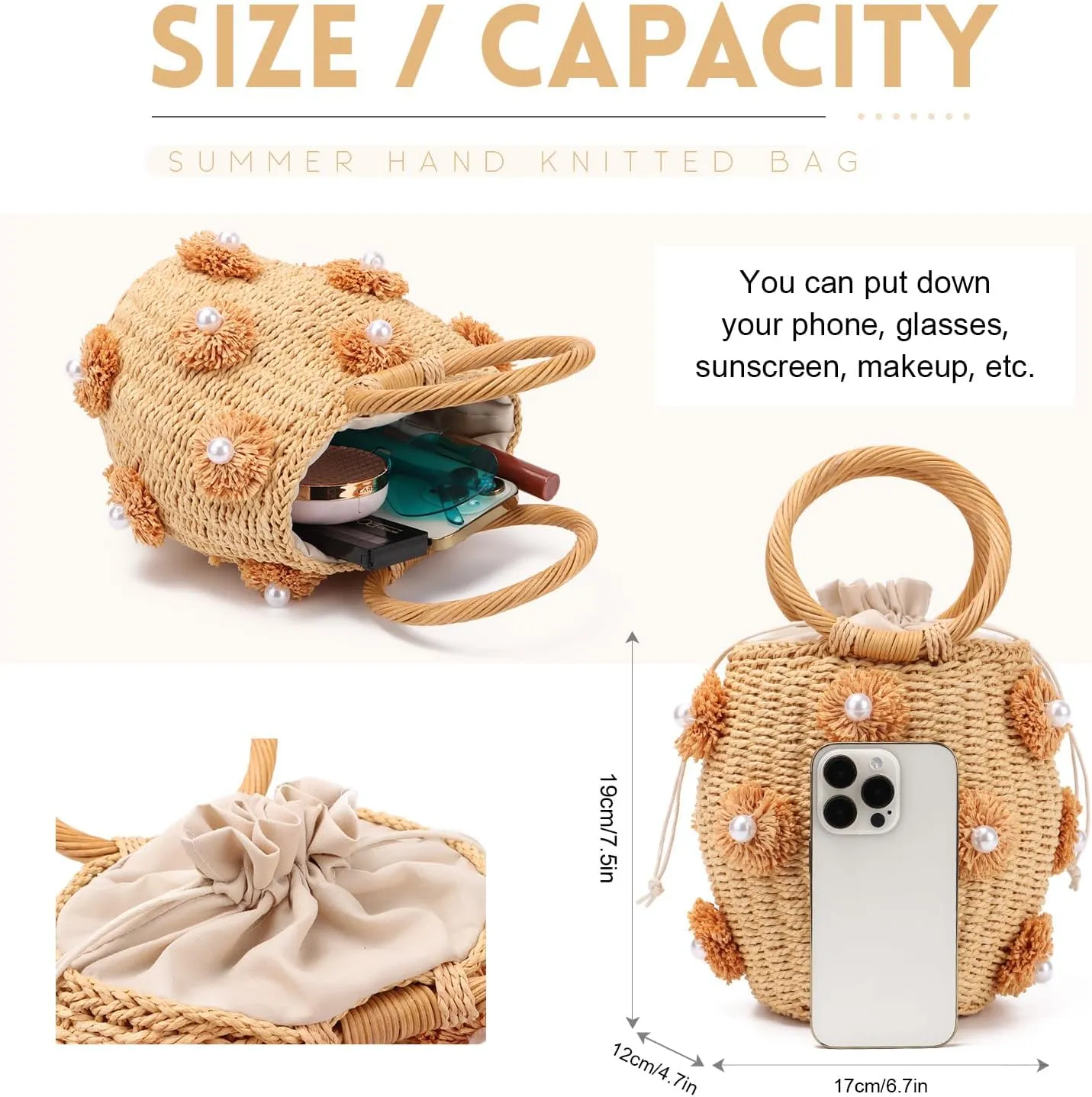 Oweisong Pearl Straw Tote Bag for Women Floral Summer Beach Handbag Summer Handmade Woven Rattan Hobo Purse