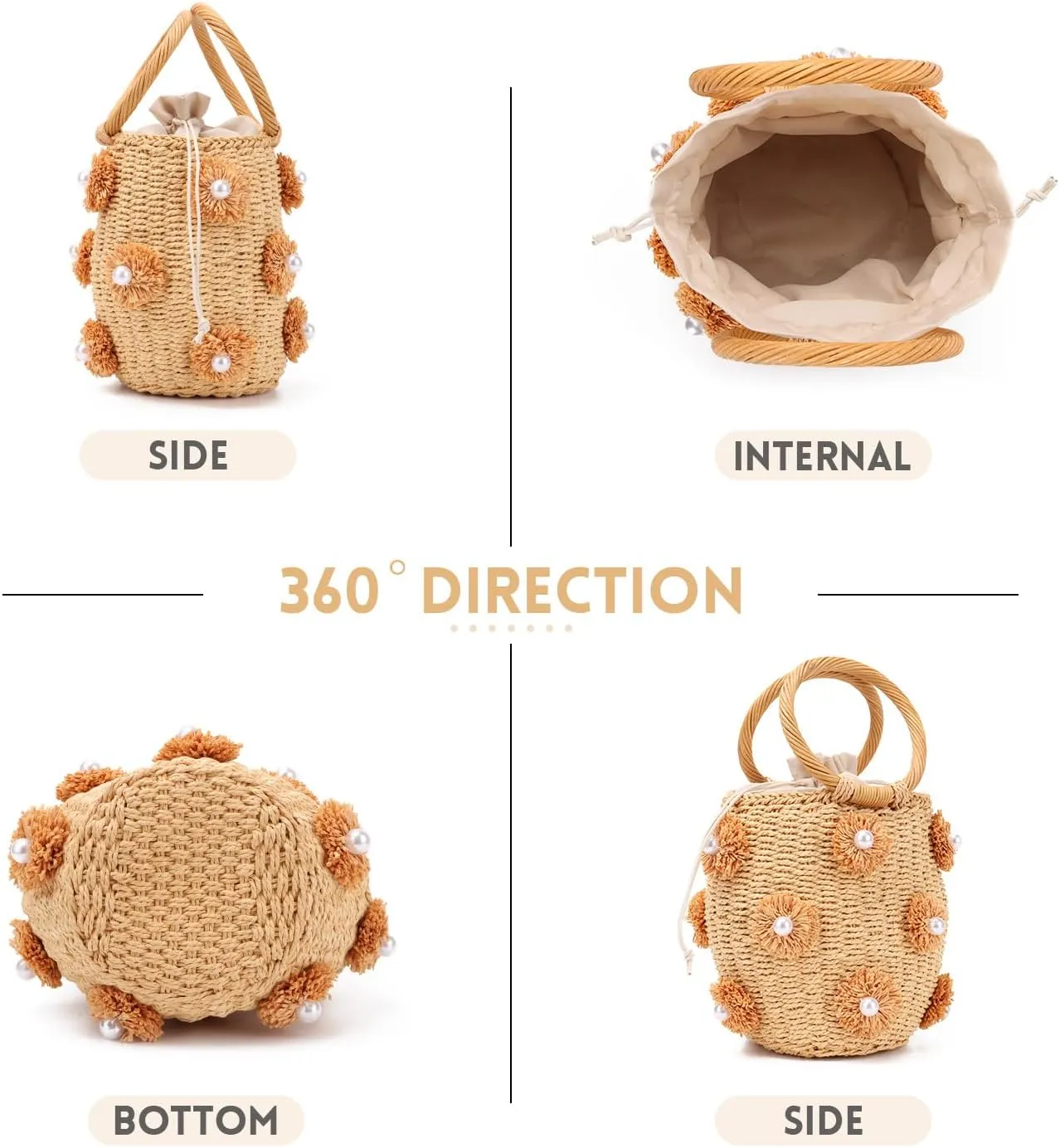 Oweisong Pearl Straw Tote Bag for Women Floral Summer Beach Handbag Summer Handmade Woven Rattan Hobo Purse