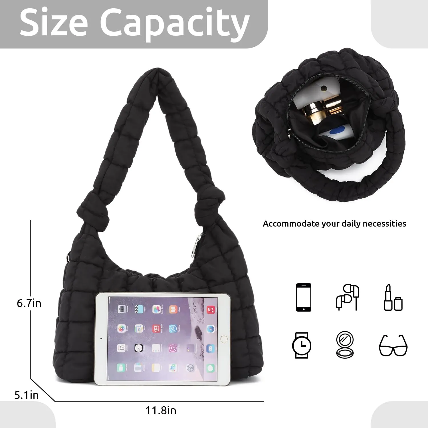 Oweisong Puffer Tote Handbag for Women Knotted Quilted Puffy Shoulder Purse Soft Padded Carryall Top Handle Bag