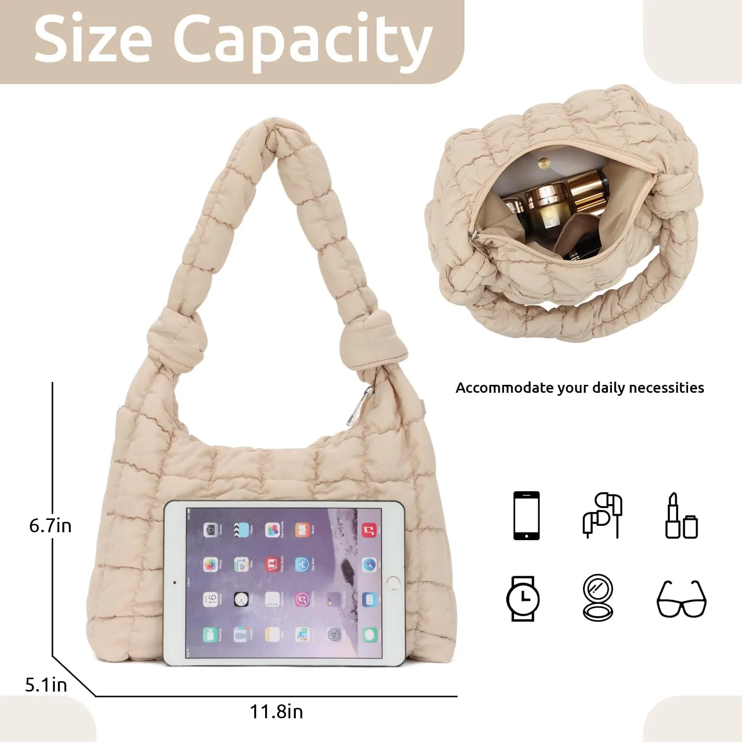 Oweisong Puffer Tote Handbag for Women Knotted Quilted Puffy Shoulder Purse Soft Padded Carryall Top Handle Bag