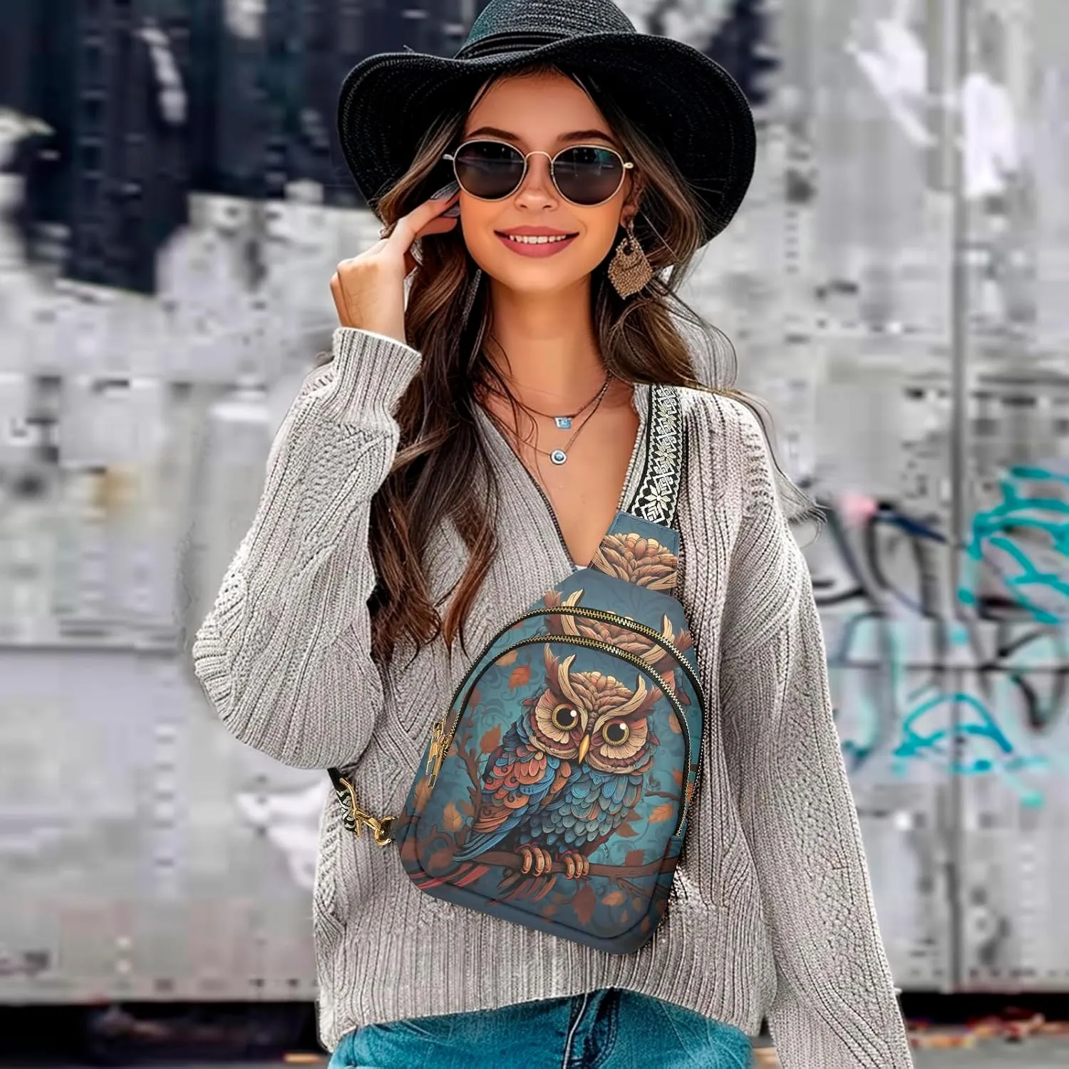 Owl Leather Sling Bag Small Crossbody Backpack Travel One Shoulder Pack Hiking chest Daypack for Women Adjustable Lightweight Outdoor Waterproof Workout