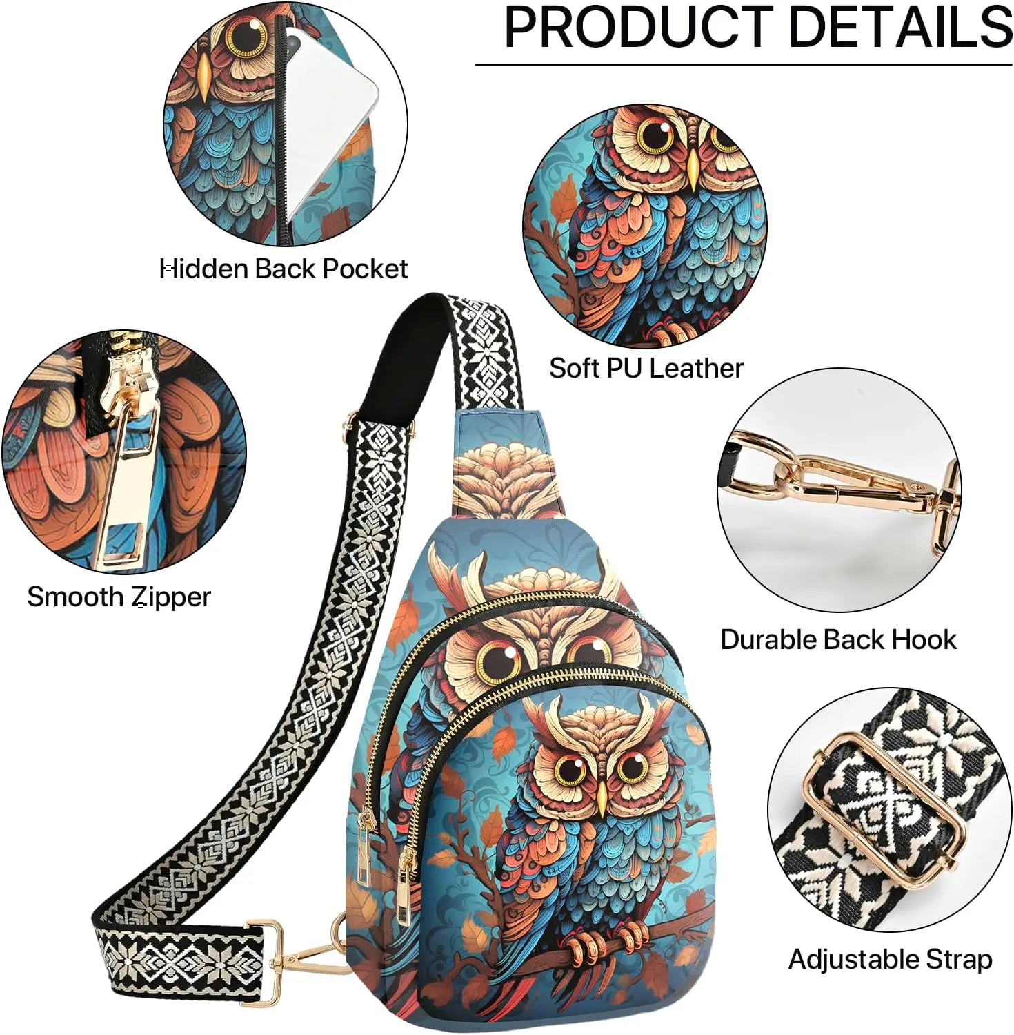 Owl Leather Sling Bag Small Crossbody Backpack Travel One Shoulder Pack Hiking chest Daypack for Women Adjustable Lightweight Outdoor Waterproof Workout