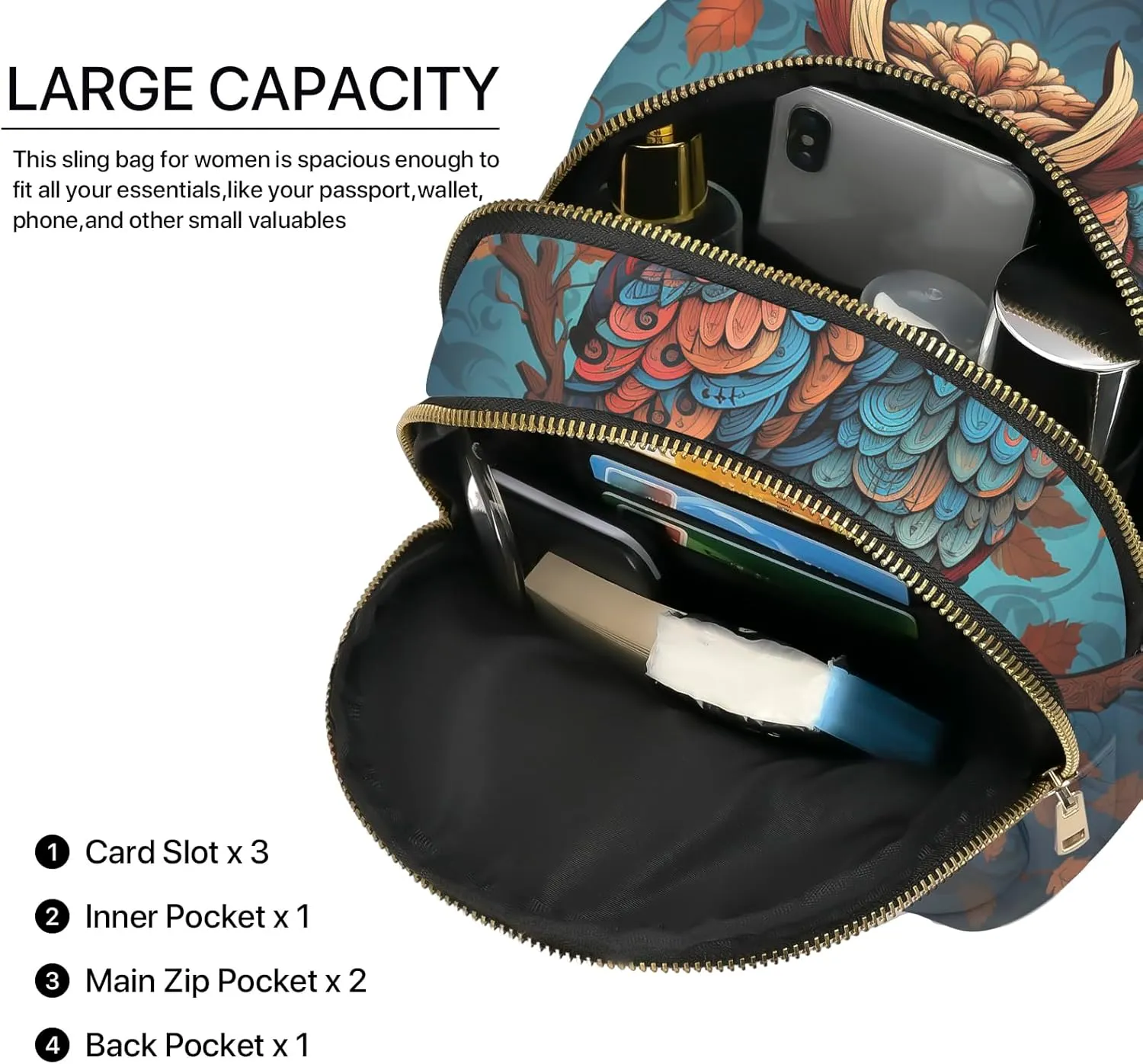 Owl Leather Sling Bag Small Crossbody Backpack Travel One Shoulder Pack Hiking chest Daypack for Women Adjustable Lightweight Outdoor Waterproof Workout