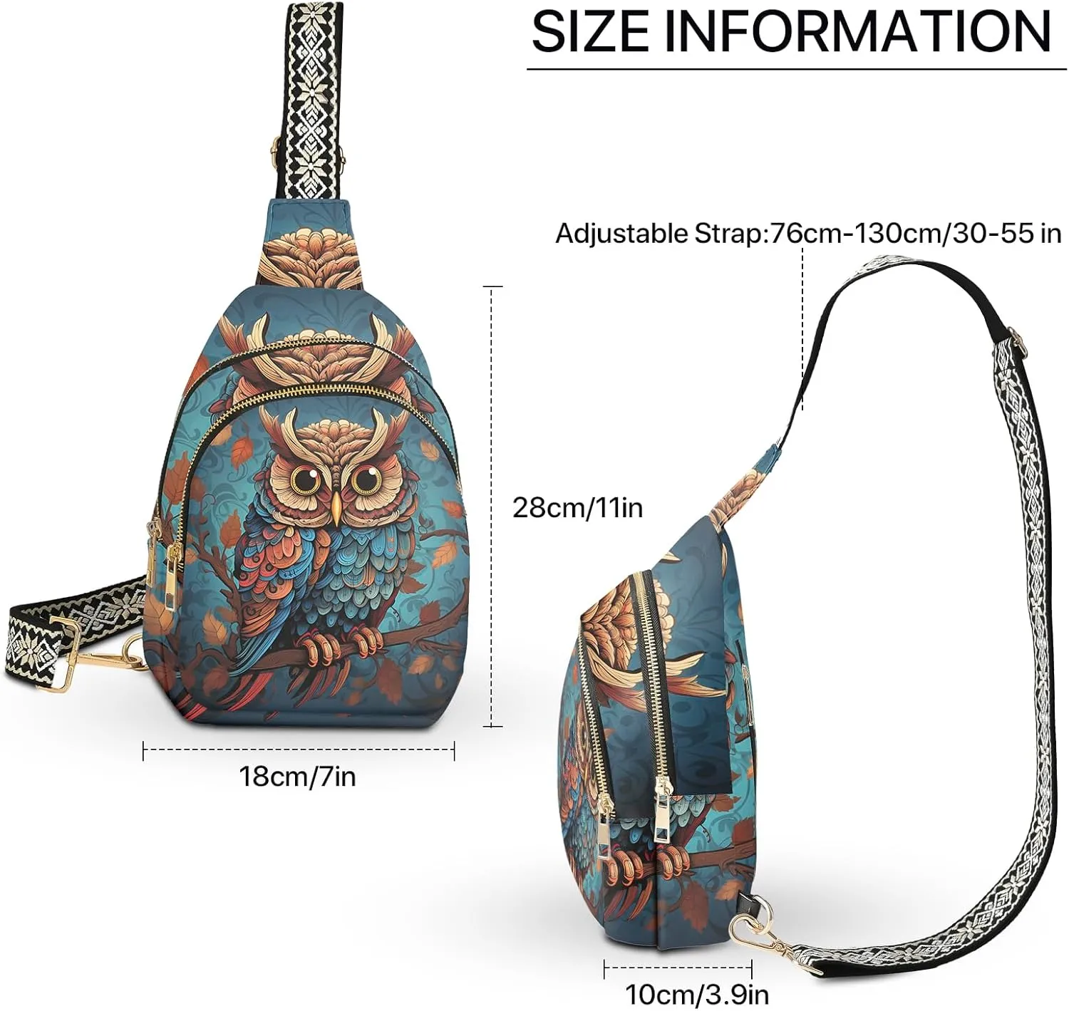 Owl Leather Sling Bag Small Crossbody Backpack Travel One Shoulder Pack Hiking chest Daypack for Women Adjustable Lightweight Outdoor Waterproof Workout