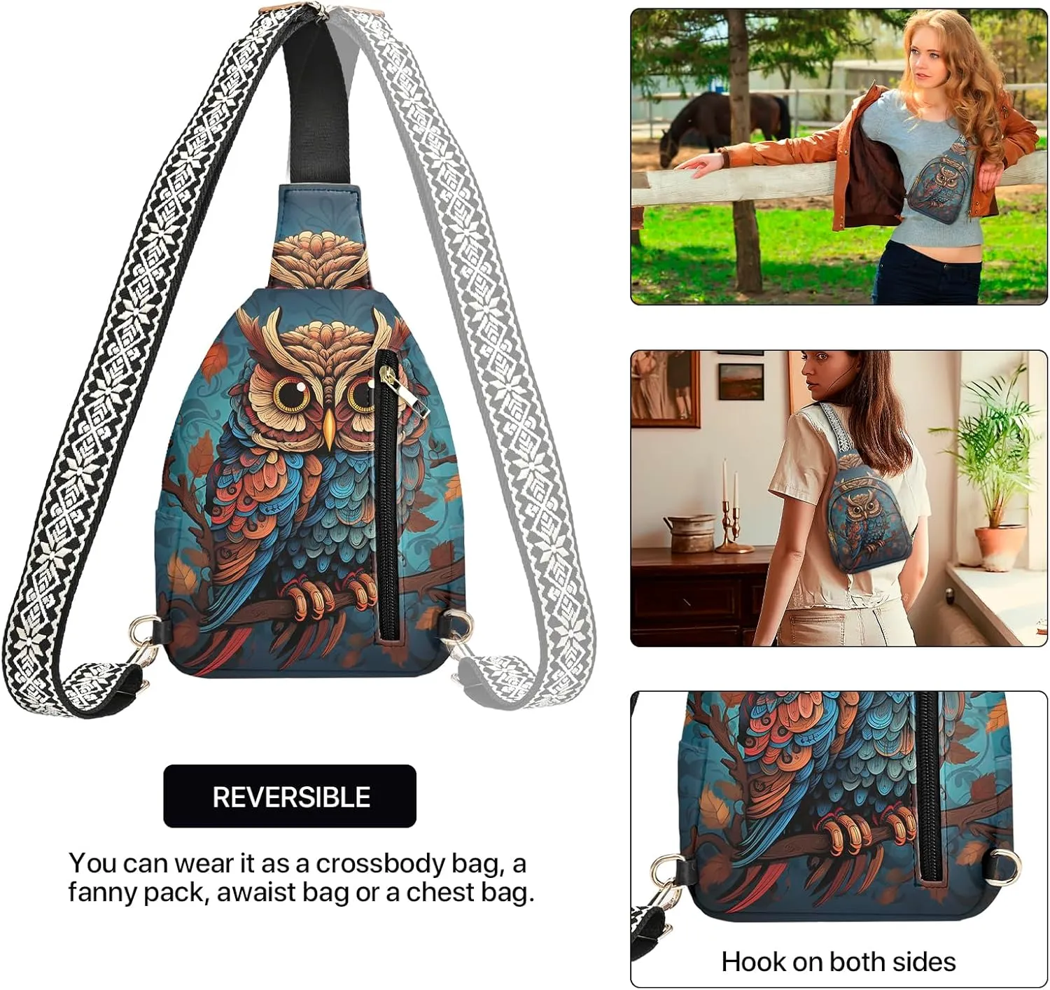 Owl Leather Sling Bag Small Crossbody Backpack Travel One Shoulder Pack Hiking chest Daypack for Women Adjustable Lightweight Outdoor Waterproof Workout