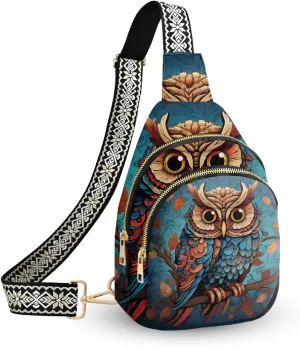 Owl Leather Sling Bag Small Crossbody Backpack Travel One Shoulder Pack Hiking chest Daypack for Women Adjustable Lightweight Outdoor Waterproof Workout