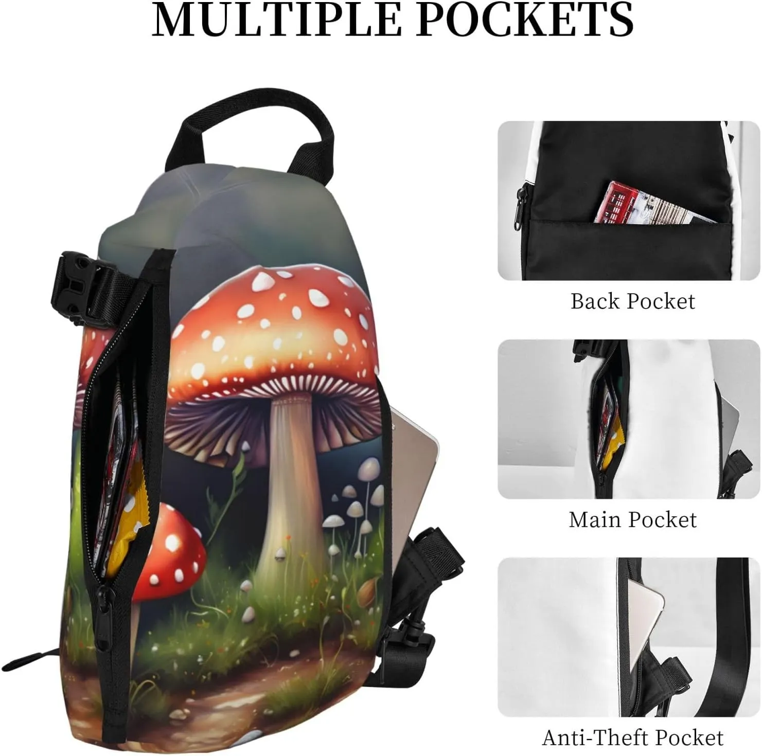 Painting Mushroom Print Crossbody Backpack Casual Sling Bag Travel Lightweight, Adjustable Cross Bag