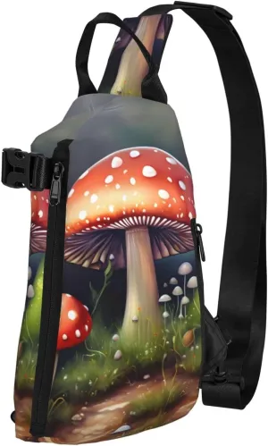 Painting Mushroom Print Crossbody Backpack Casual Sling Bag Travel Lightweight, Adjustable Cross Bag