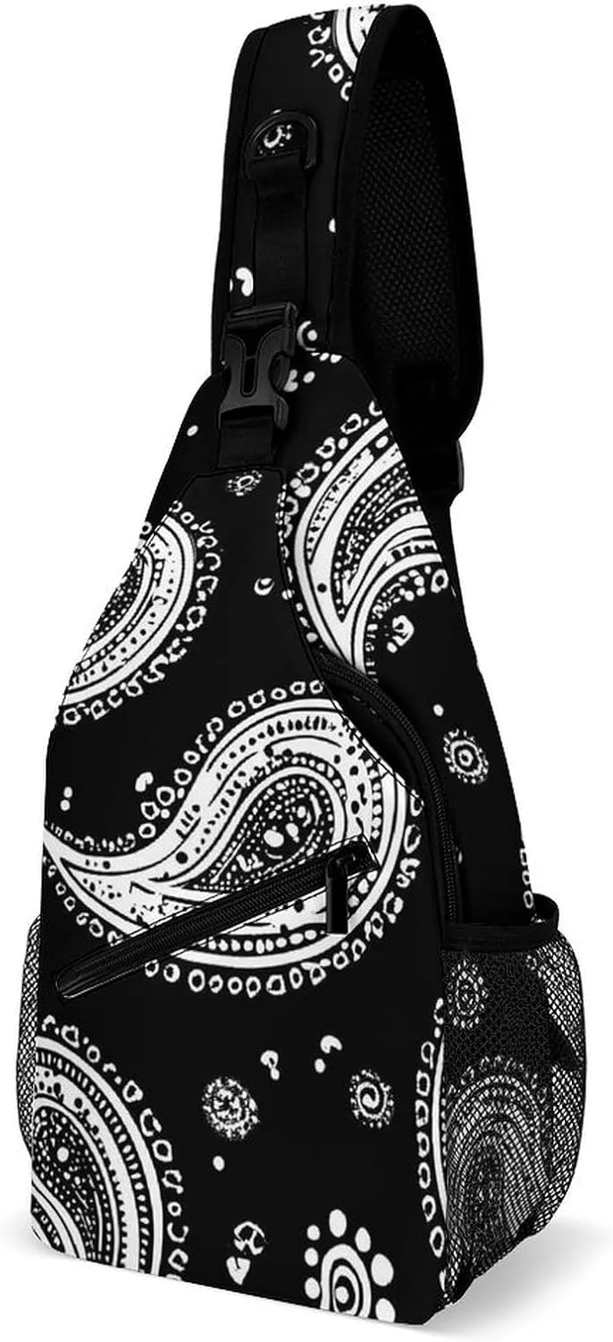Paisley Black And White Casual Sling Bag Backpack Travel Shoulder Chest Crossbody Bags Adjustable Daypack Unisex