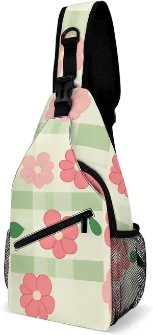 Pastoral Red Flower Green Plaid Chest Bag for Men Backpack Crossbody Sling Bags Travel Daypack for Outdoors Hiking