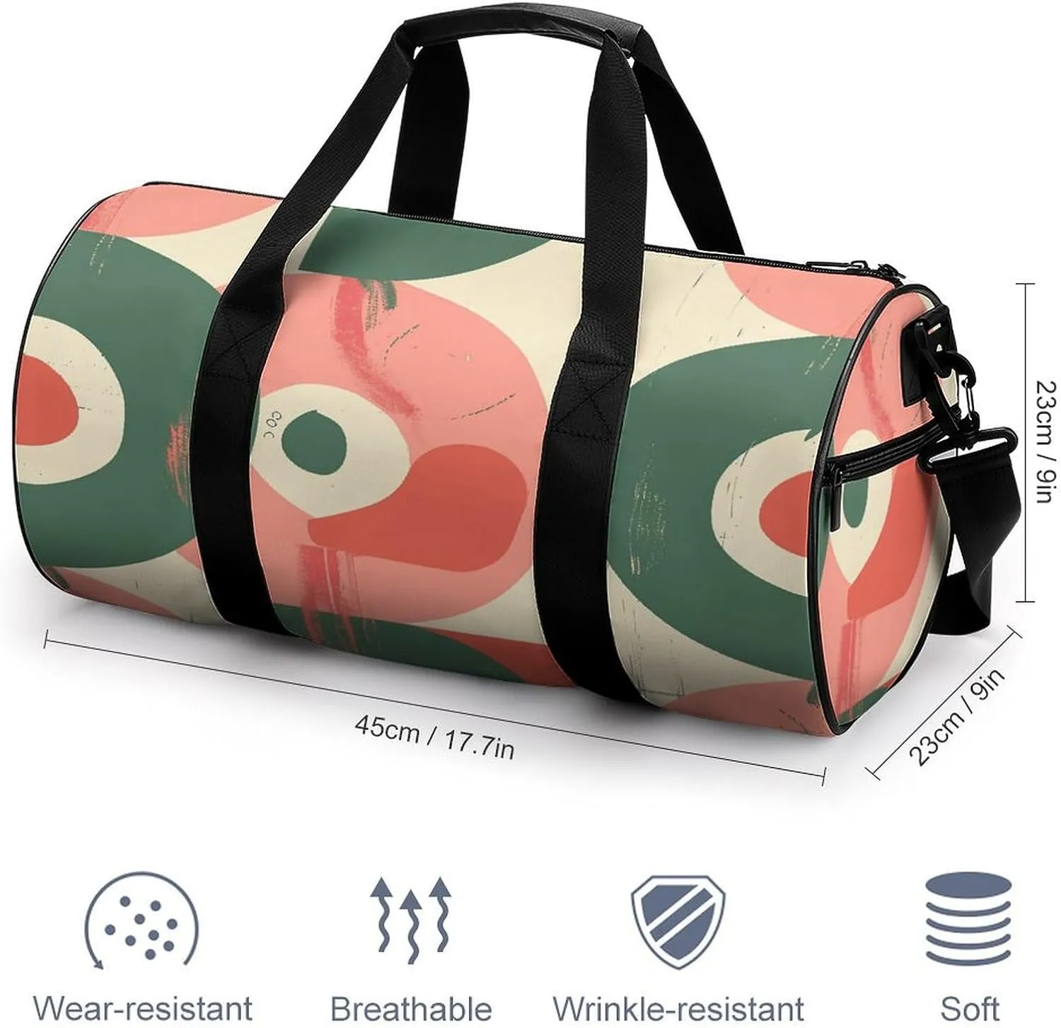Peach And Green Shapes Gym Bag Small Travel Duffle Bag with Compartment Carry On Weekender Bag for Women Men