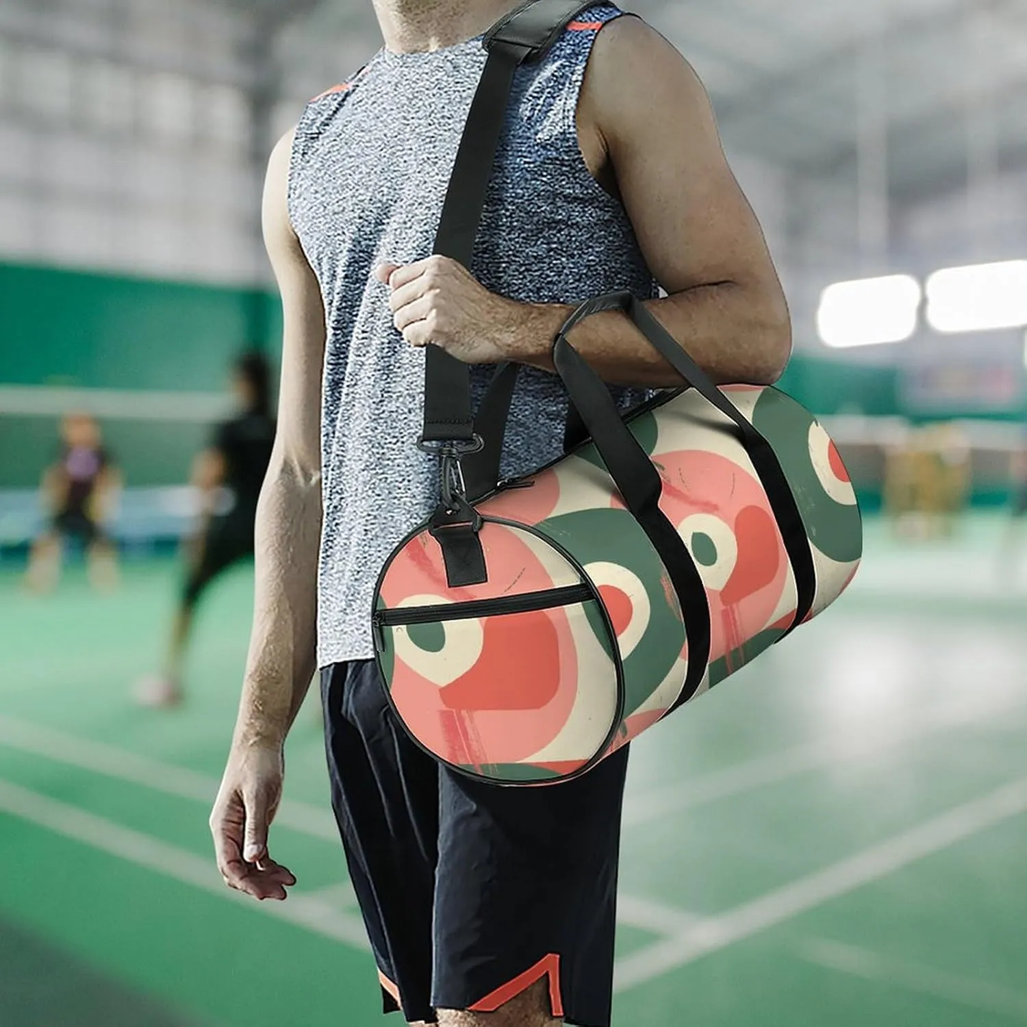 Peach And Green Shapes Gym Bag Small Travel Duffle Bag with Compartment Carry On Weekender Bag for Women Men