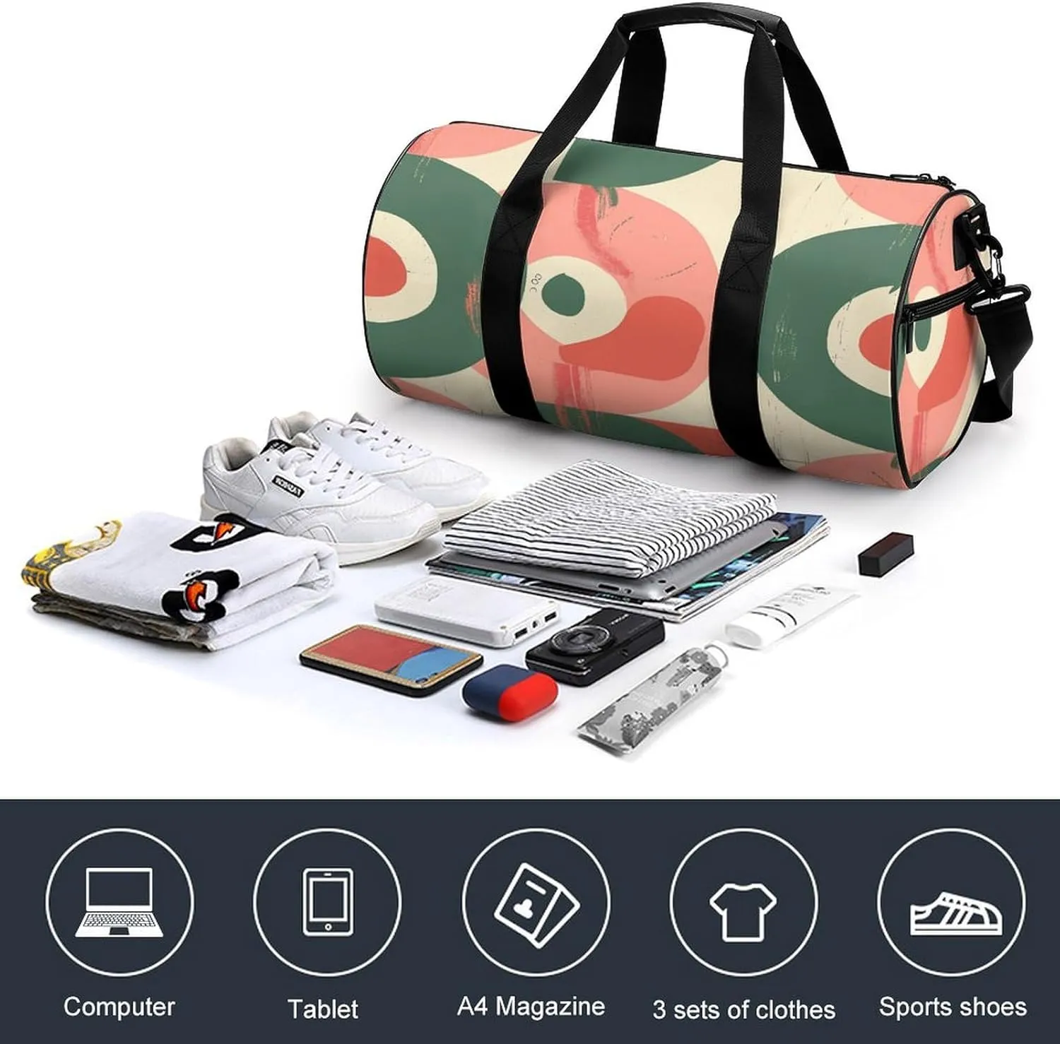 Peach And Green Shapes Gym Bag Small Travel Duffle Bag with Compartment Carry On Weekender Bag for Women Men