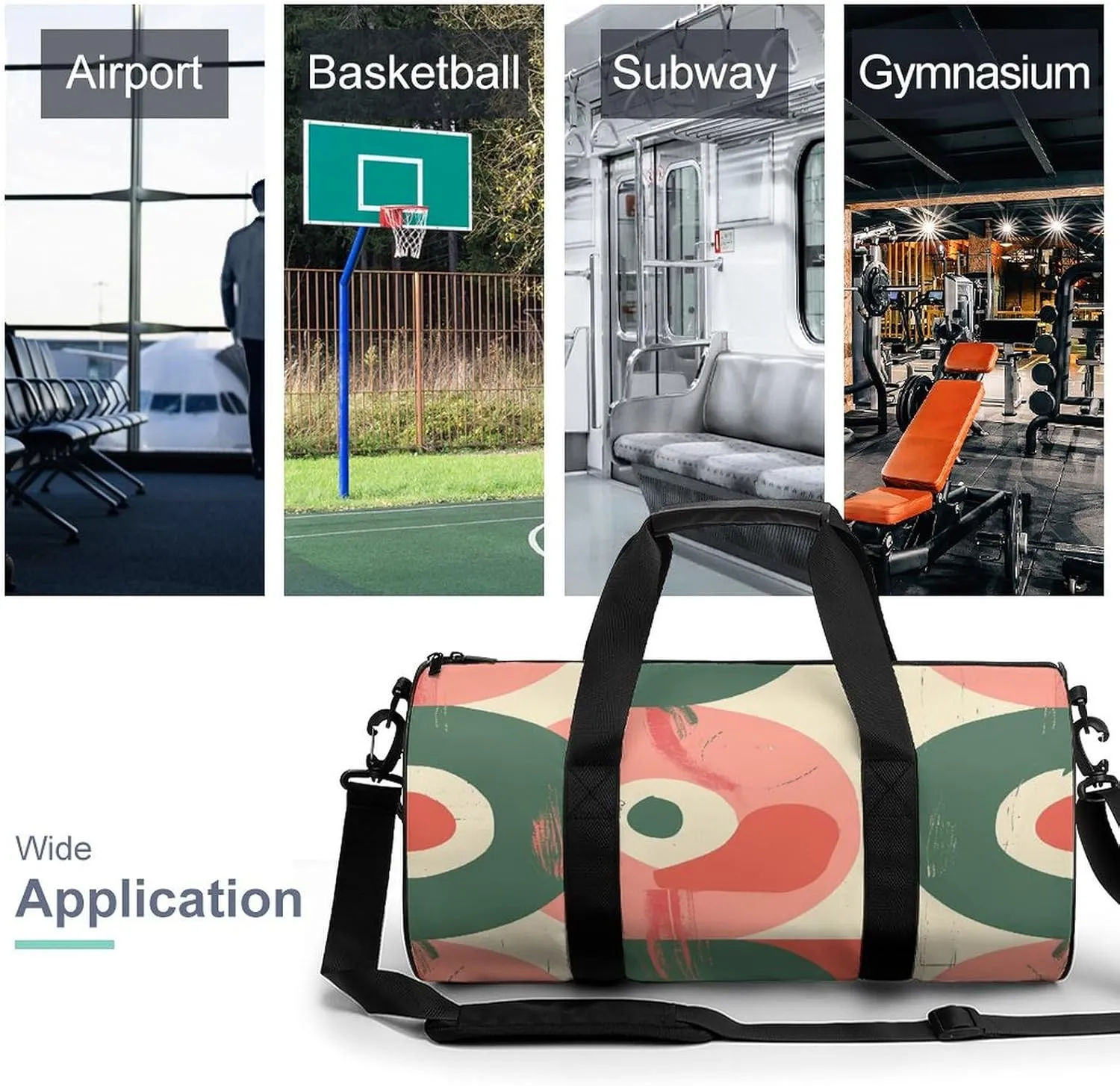 Peach And Green Shapes Gym Bag Small Travel Duffle Bag with Compartment Carry On Weekender Bag for Women Men