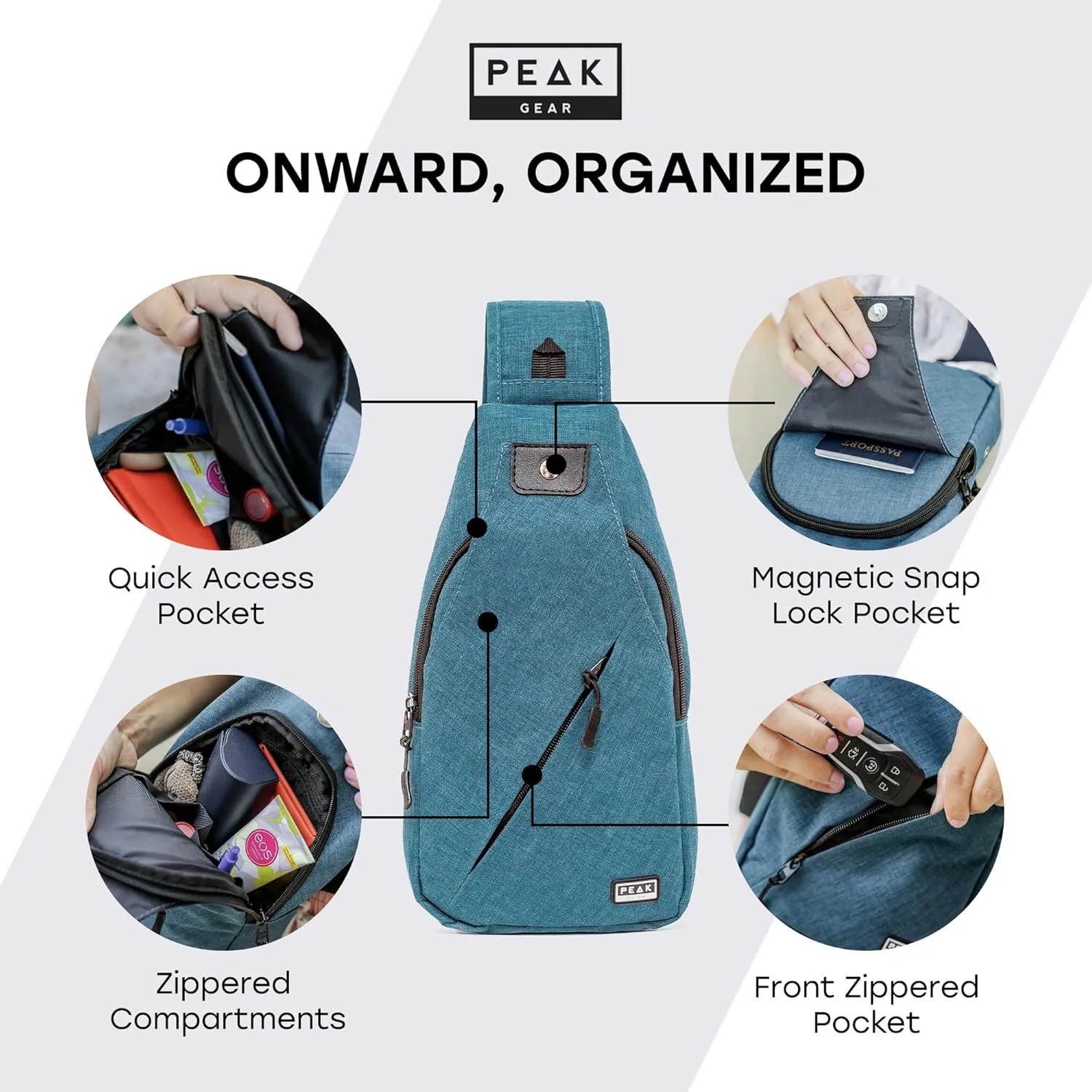 Peak Gear Travel Sling Bag. Compact Crossbody Bag | Lighter and Smaller than a Backpack | Lifetime Lost & Found ID Tag