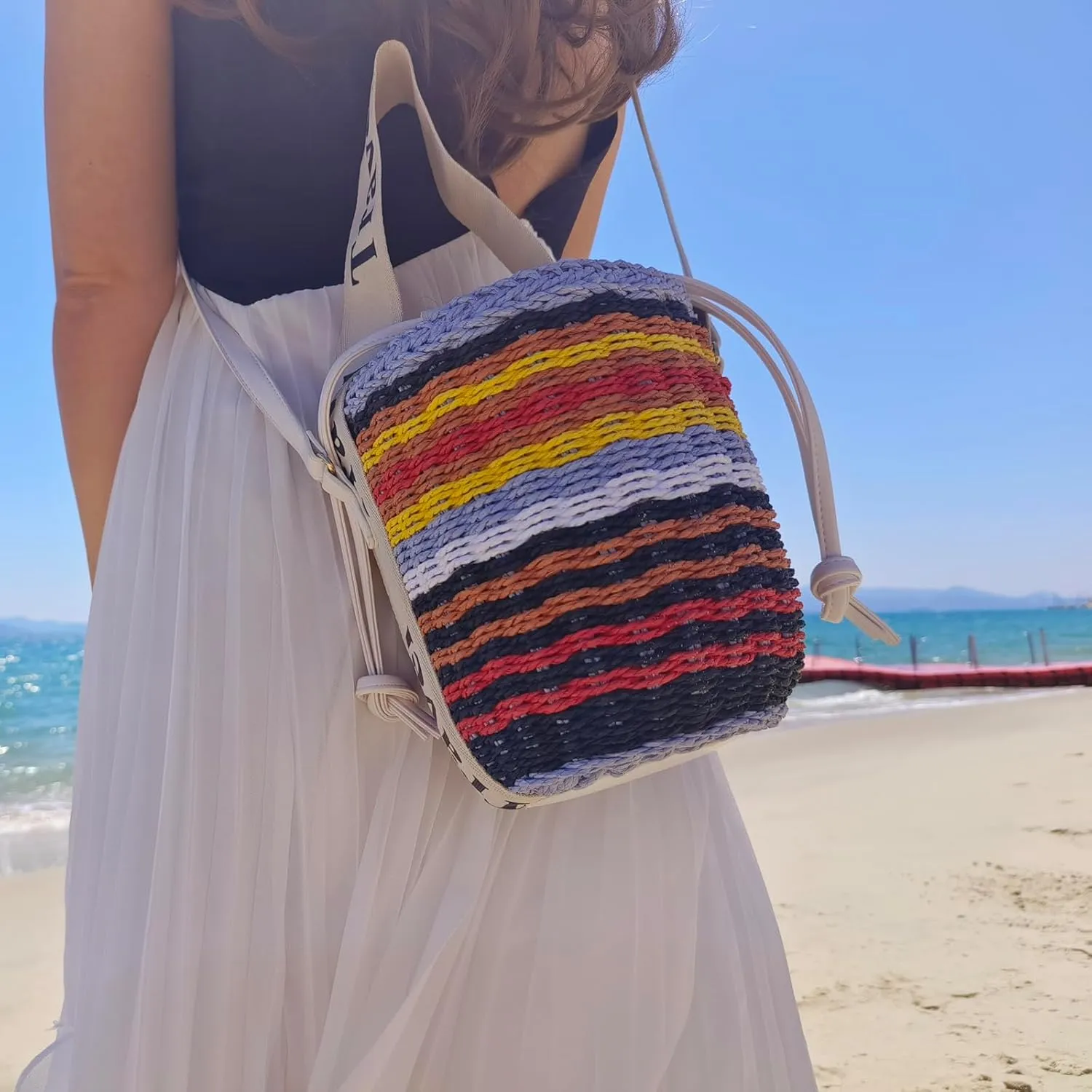 Pearl Flower Straw Woven Tote Bag Summer Beach Rattan Handle Bucket Bag Straw Purses and Handbags for Women