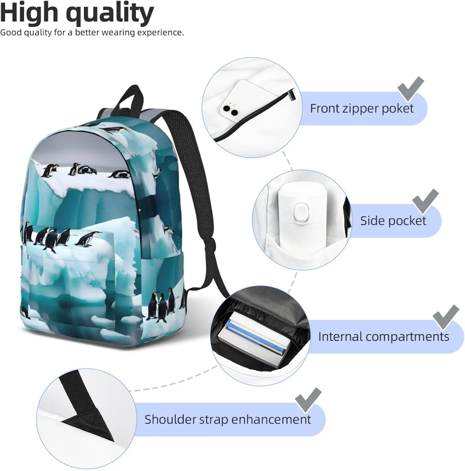 Penguins On The Iceberg Print Laptop Backpack For Women Travel Canvas Bookbag For Men Outdoor Fashion Casual Daypack