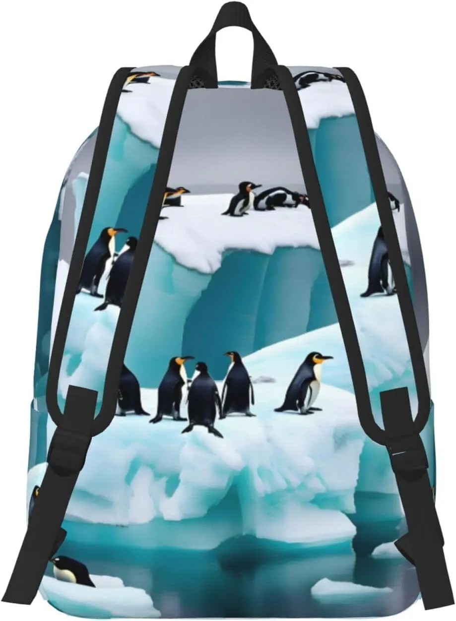 Penguins On The Iceberg Print Laptop Backpack For Women Travel Canvas Bookbag For Men Outdoor Fashion Casual Daypack