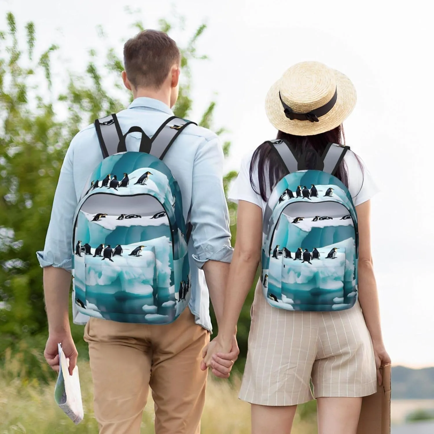 Penguins On The Iceberg Print Laptop Backpack For Women Travel Canvas Bookbag For Men Outdoor Fashion Casual Daypack