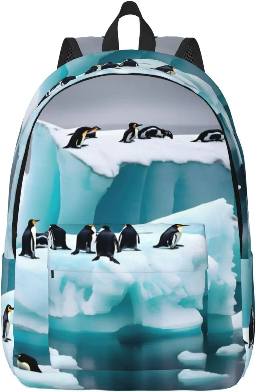 Penguins On The Iceberg Print Laptop Backpack For Women Travel Canvas Bookbag For Men Outdoor Fashion Casual Daypack