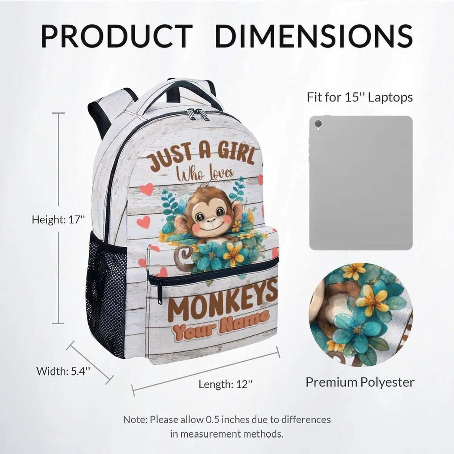 Personalized Backpack - 17 Inch Large Capacity Monkey Bookbag - Lightweight Cute Kids' Backpacks for Elementary, Preschool & Travel