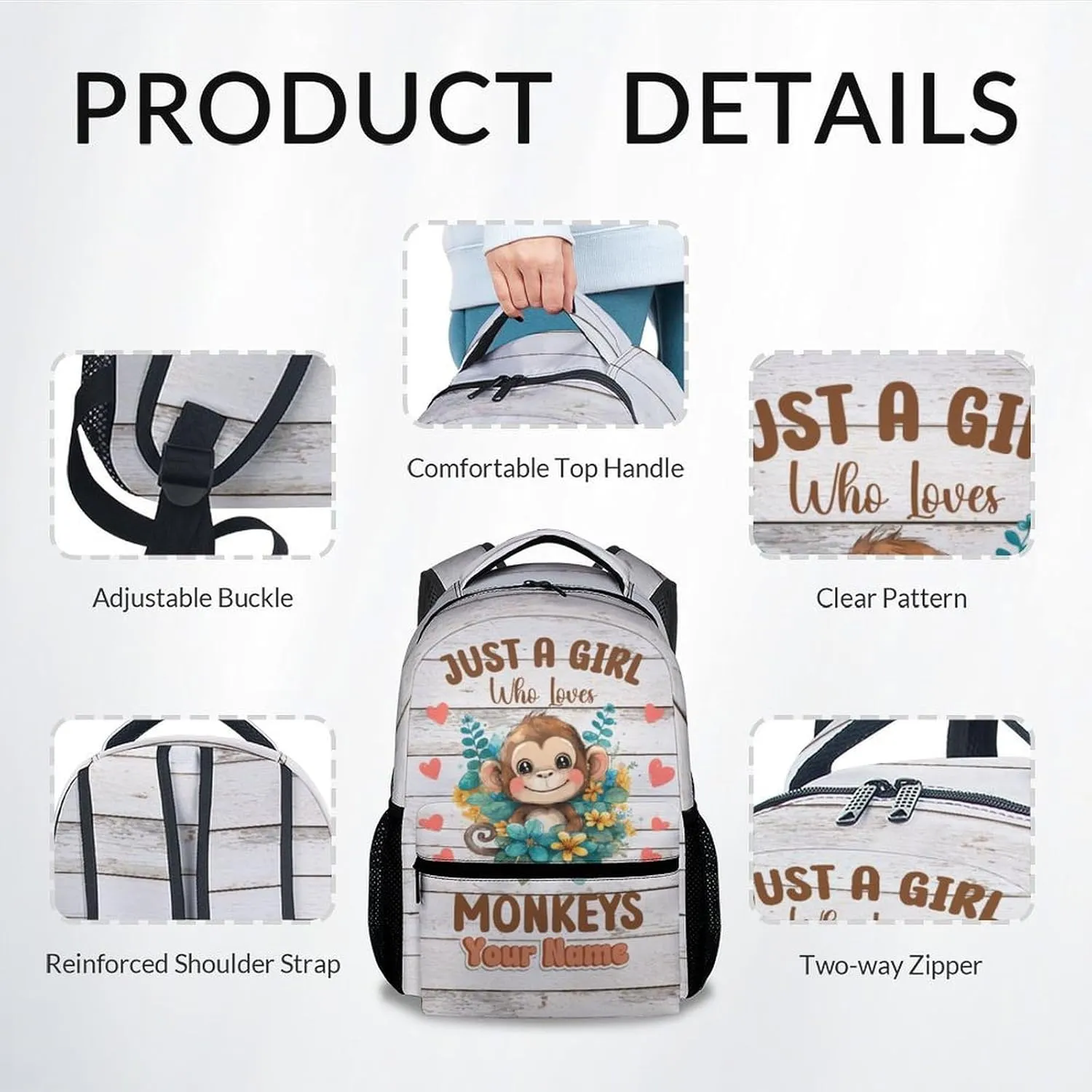 Personalized Backpack - 17 Inch Large Capacity Monkey Bookbag - Lightweight Cute Kids' Backpacks for Elementary, Preschool & Travel