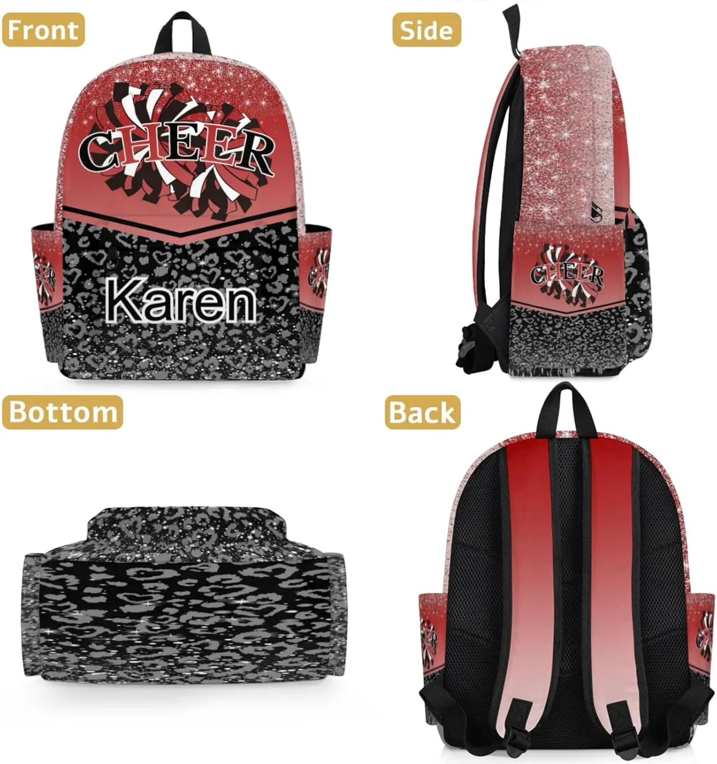 Personalized Cheerleading Bag Name Backpack Bags, Cheer Custom Large Capacity Waterproof Shoulder Bags, Casual Daypack, Deep Red Gradient Cheerleader