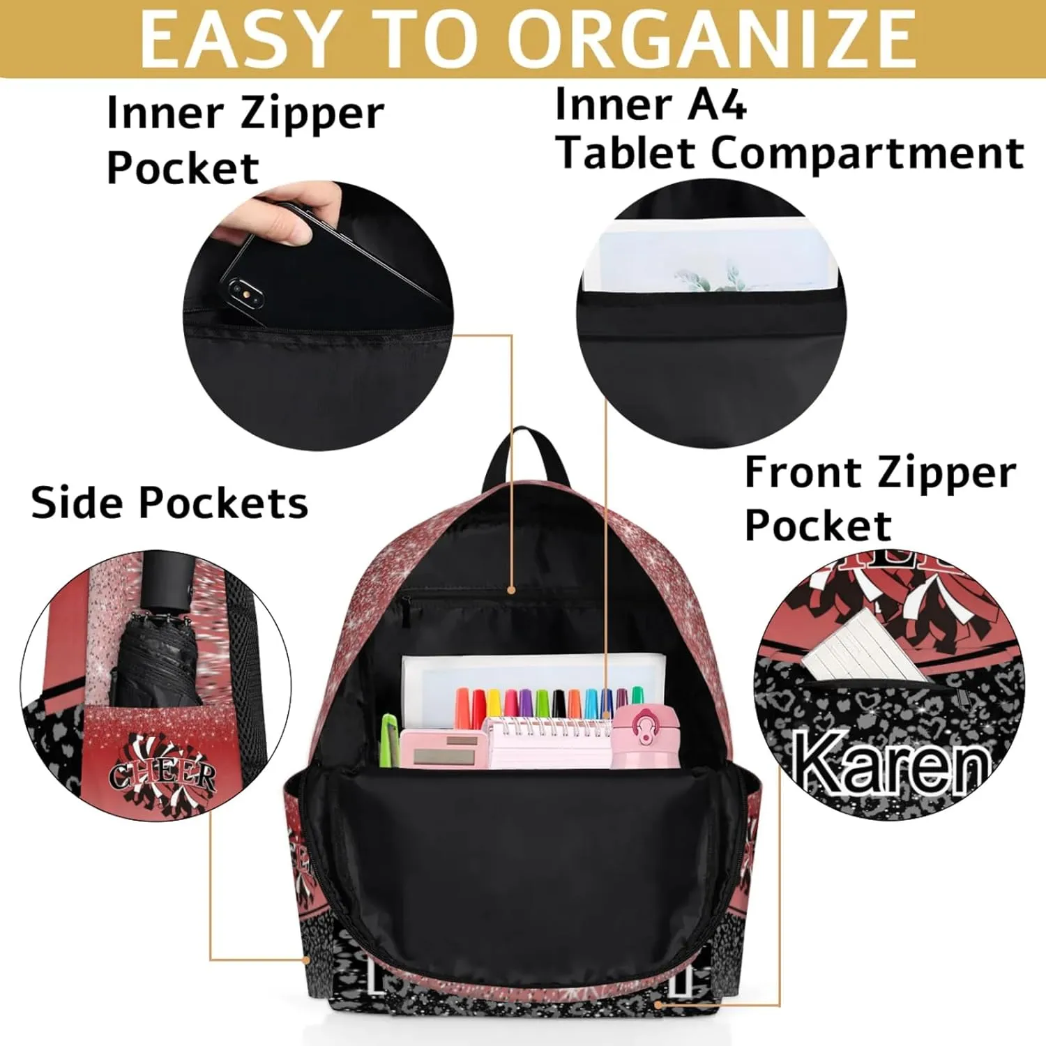 Personalized Cheerleading Bag Name Backpack Bags, Cheer Custom Large Capacity Waterproof Shoulder Bags, Casual Daypack, Deep Red Gradient Cheerleader