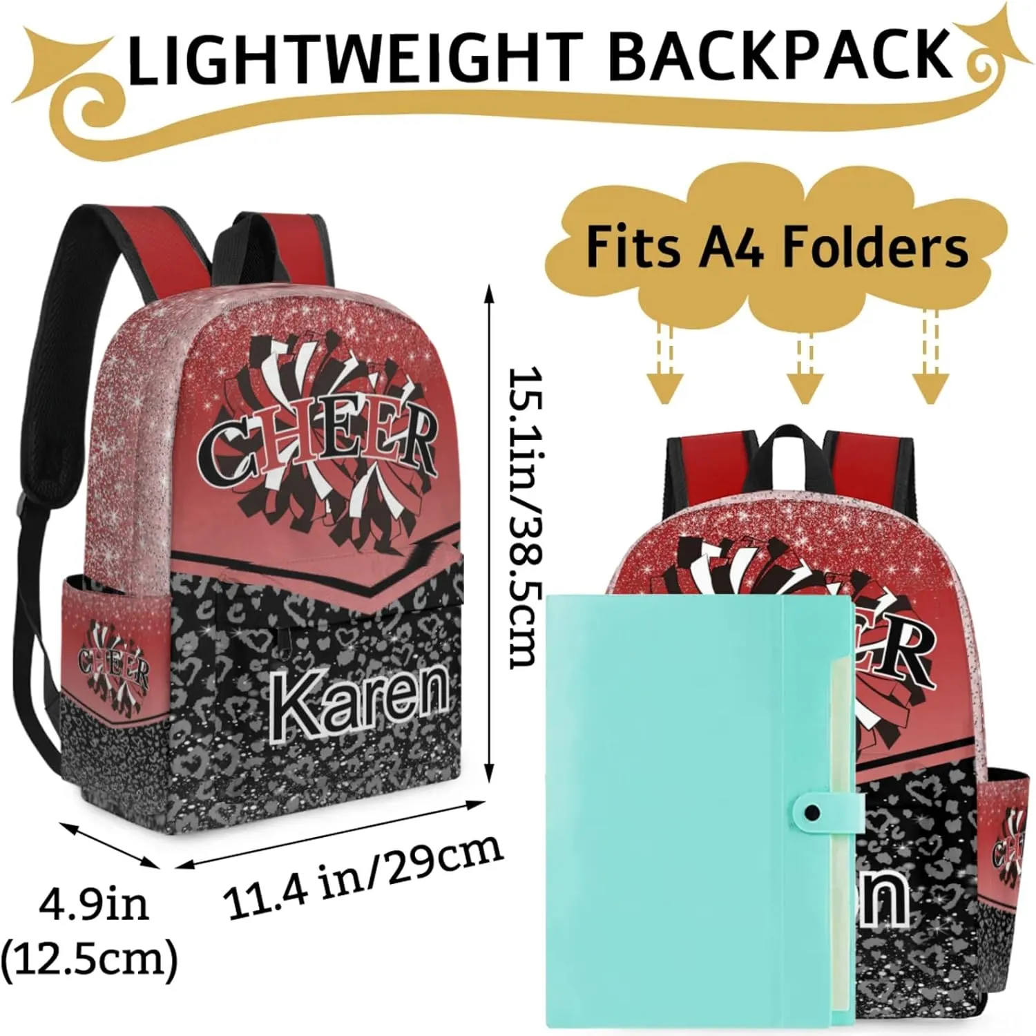 Personalized Cheerleading Bag Name Backpack Bags, Cheer Custom Large Capacity Waterproof Shoulder Bags, Casual Daypack, Deep Red Gradient Cheerleader
