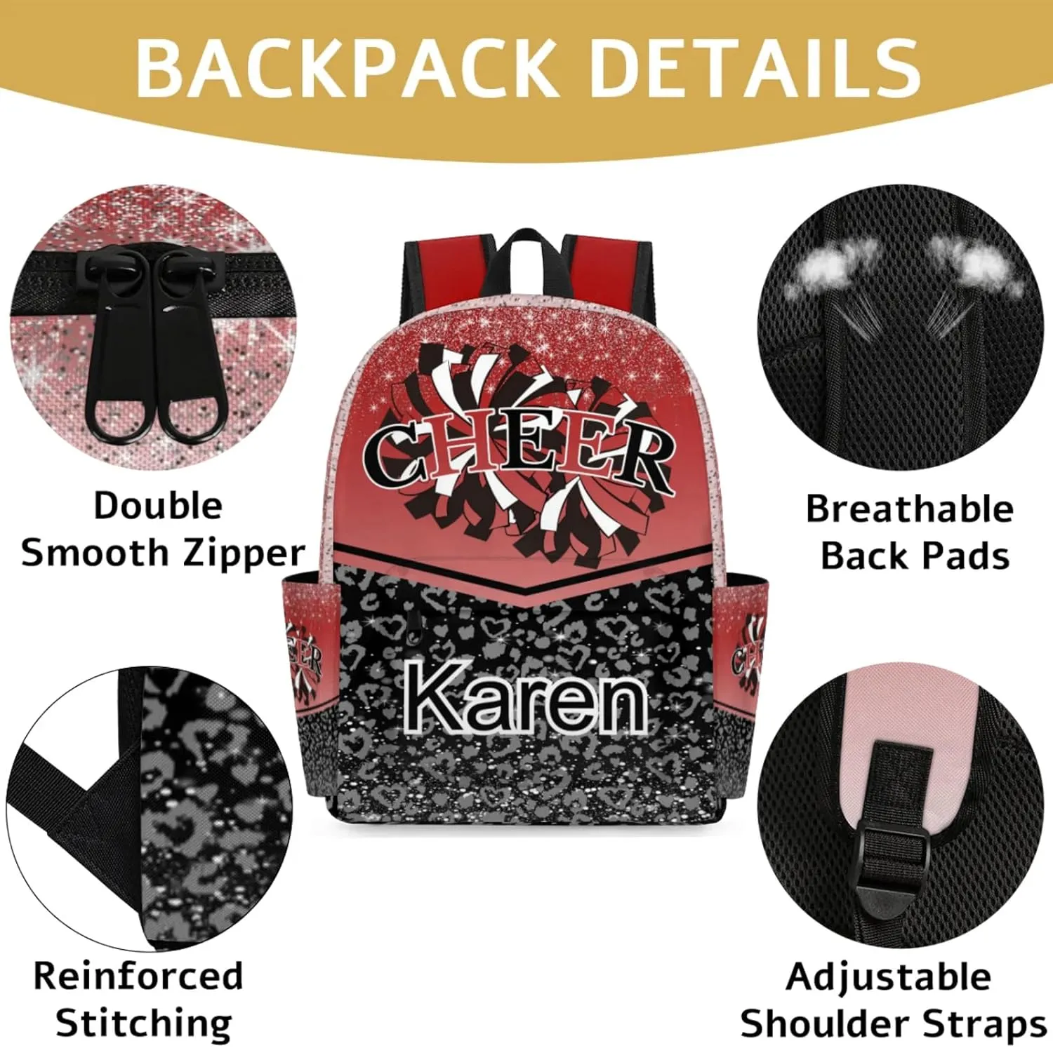 Personalized Cheerleading Bag Name Backpack Bags, Cheer Custom Large Capacity Waterproof Shoulder Bags, Casual Daypack, Deep Red Gradient Cheerleader