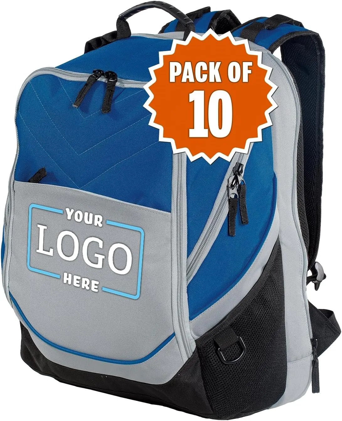 Personalized Embroidered Computer Backpack, Royal/Grey/Black, 10 Pack - Add Your Logo - Customized Casual Computer Backpack for Business