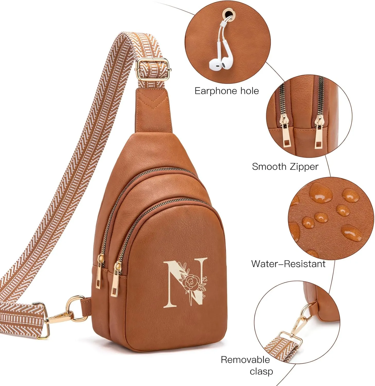 Personalized Mothers Day Gifts Initial Sling Bag PU Crossbody Bags for Women Mother's Day Birthday Gifts for Women Mom Sister Wife (Brown-N)
