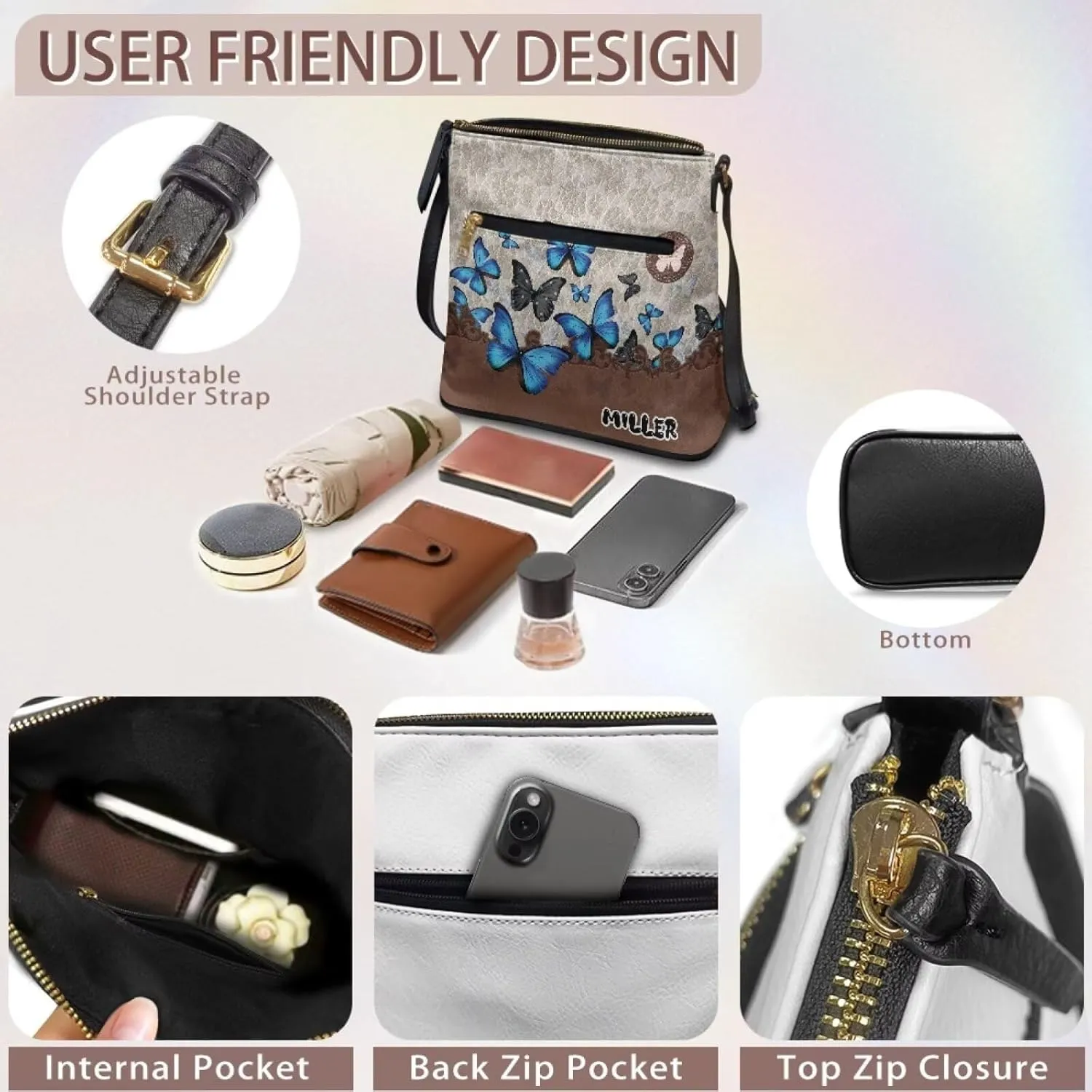 Personalized Purse for Women Custom Leather Crossbody Bag with Name Customized Hobo Bag with Zipper