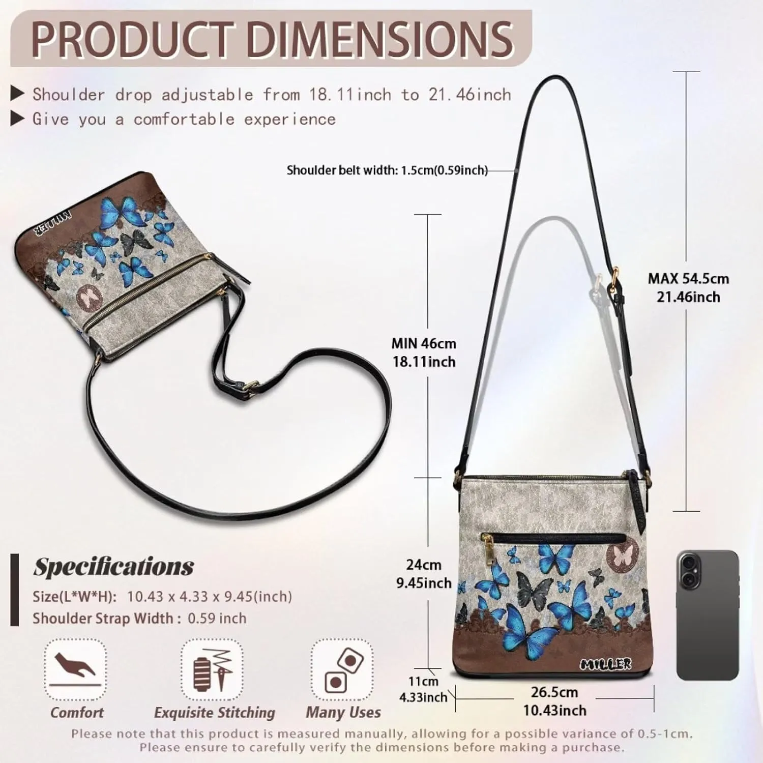 Personalized Purse for Women Custom Leather Crossbody Bag with Name Customized Hobo Bag with Zipper