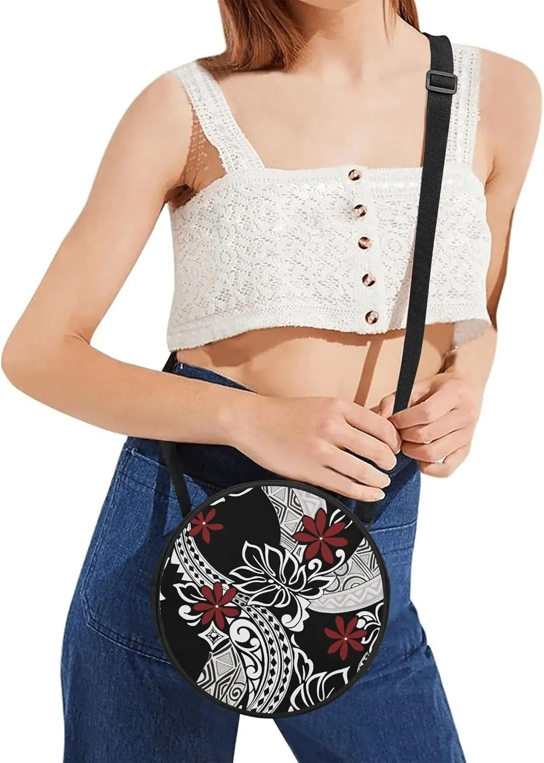 Personalized Round Crossbody Bag Polynesian Portable Crossbody Bag - Custom Crossbody Bag Pattern Logo Photo Text