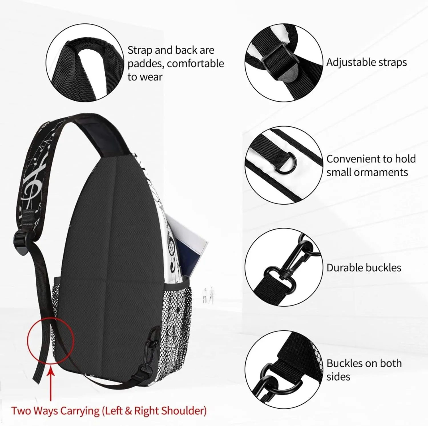 Piano Keys Music Note Sling Backpack Crossbody Sling Bag for Women Men Shoulder Bag Travel Hiking Daypack