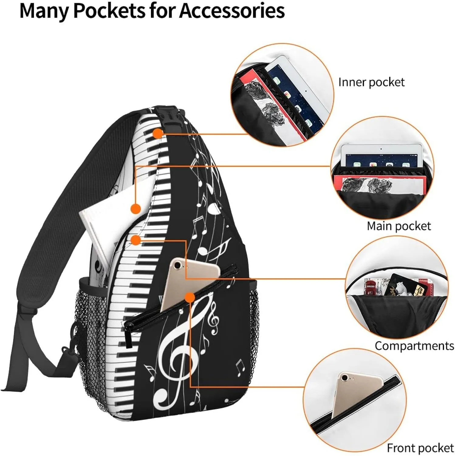 Piano Keys Music Note Sling Backpack Crossbody Sling Bag for Women Men Shoulder Bag Travel Hiking Daypack
