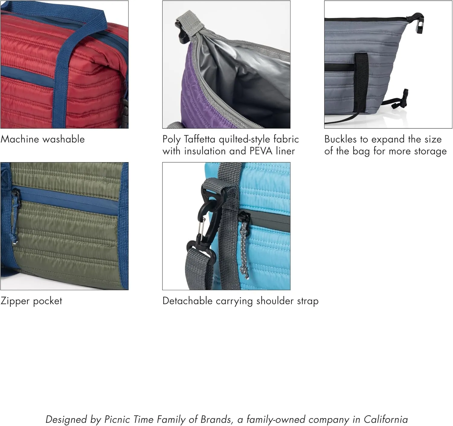 PICNIC TIME Midday Quilted Washable Insulated Lunch Bag, Soft-sided Lunch Box, Lunch Cooler Bag, (Obsidian Black)