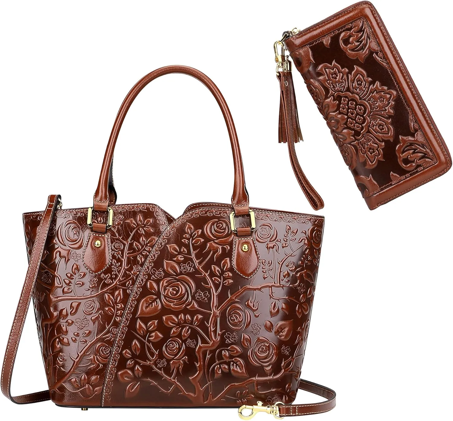 PIJUSHI Designer Genuine Leather Floral Top Handle Satchel Handbags Bundle with Card Case Wallet with Tassel
