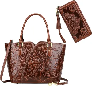 PIJUSHI Designer Genuine Leather Floral Top Handle Satchel Handbags Bundle with Card Case Wallet with Tassel