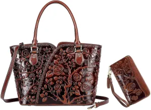 PIJUSHI Designer Genuine Leather Floral Top Handle Satchel Handbags Bundle with Wristlet Wallet with Tassel