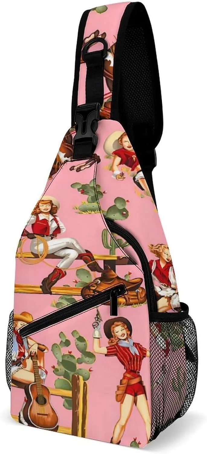 Pink Sexy American Rustic West Cultural Cowgirl Sling Bags Men And Women Shoulder Backpack Chest Bag Cross Body Chest Sling Backpack.