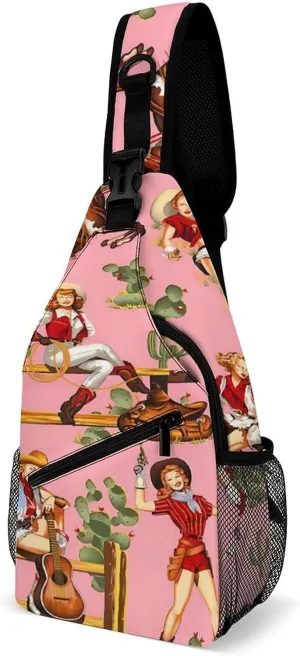 Pink Sexy American Rustic West Cultural Cowgirl Sling Bags Men And Women Shoulder Backpack Chest Bag Cross Body Chest Sling Backpack.