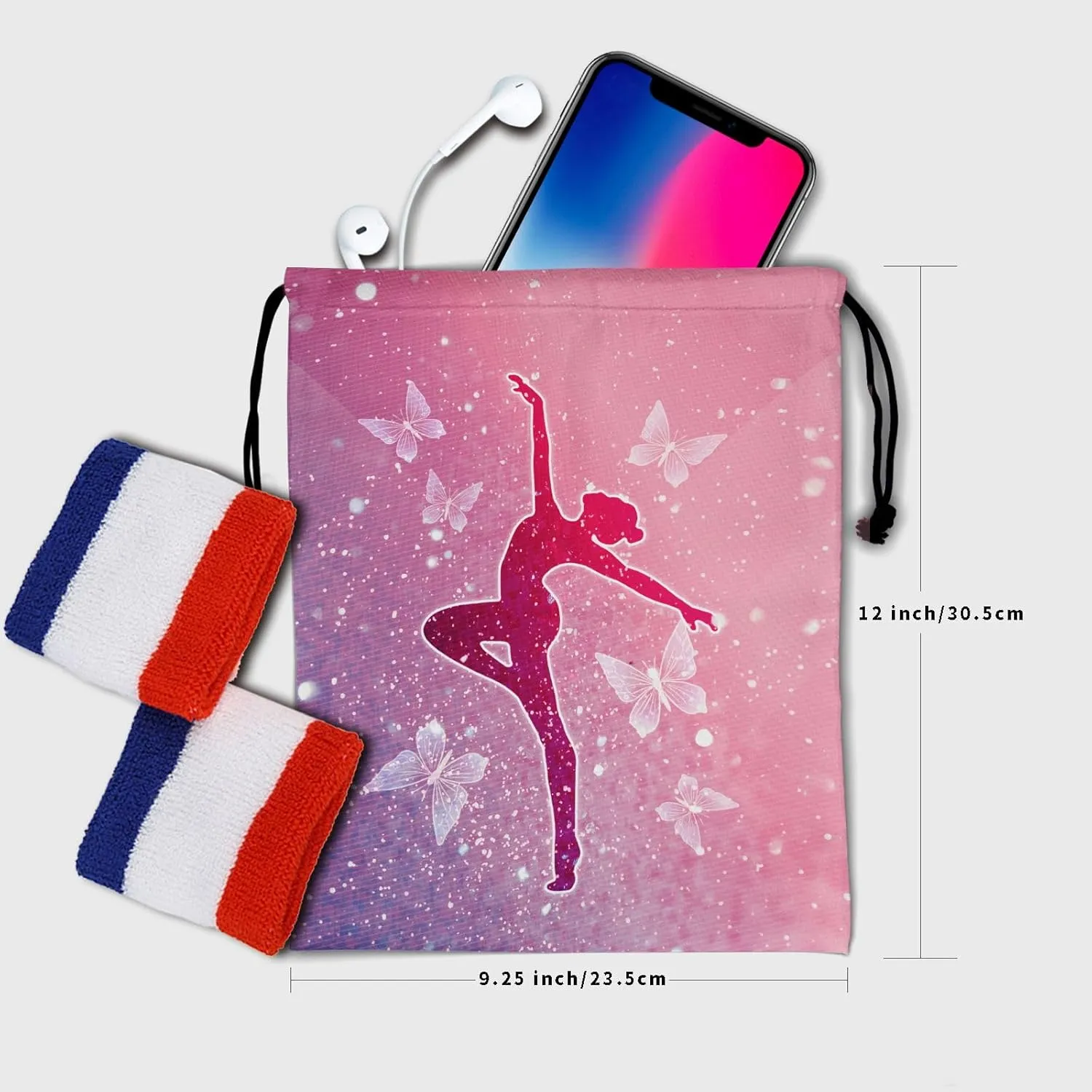 Pink White Gymnastics Grip Bag - Butterflies Gymnastics Drawstring Gym Bag for Gymnasts Exercises Silhouette Art Gymnastic Bag Abstract Pouch Bag Adjustable for Grips Towel