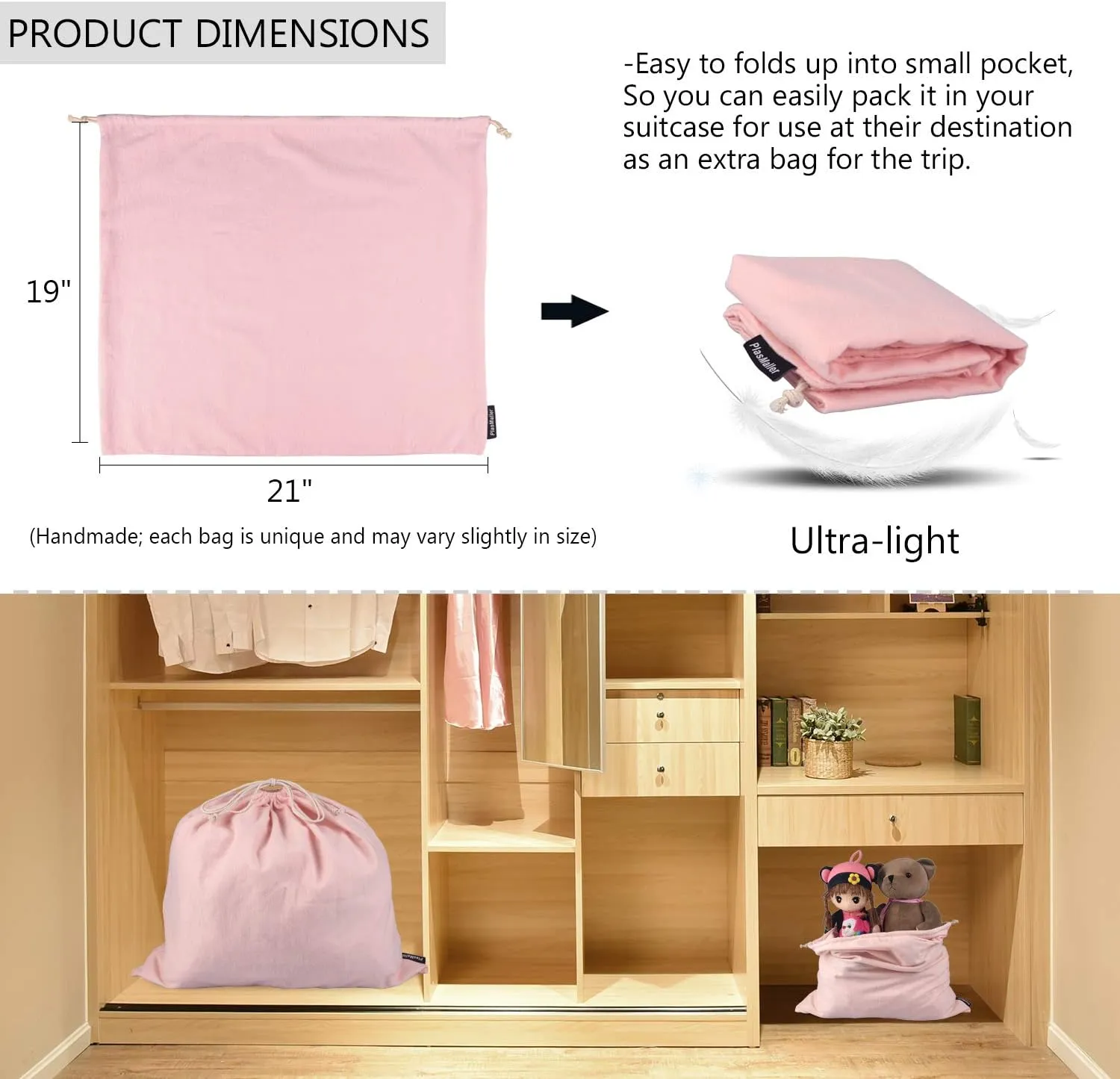 PlasMaller Dust Cover Storage Bags Purified 100% Cotton Flannel with Drawstring Pouch For Handbags Purses Pocketbooks Shoes Boots Set of 3 (Pink)
